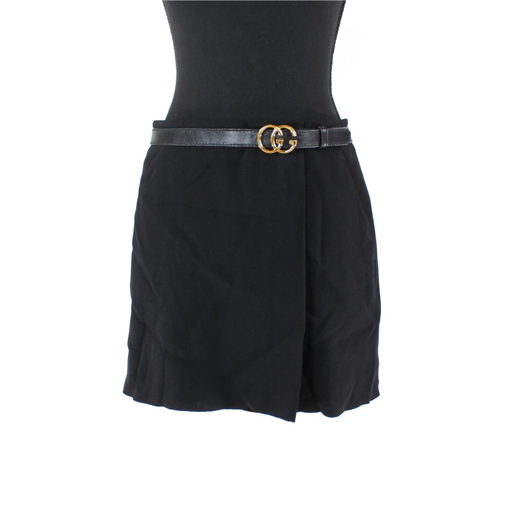 GUCCI Black Wool Wrap Gold GG Logo Buckle A-Line Mini Skirt﻿ 38 Leather Belted S